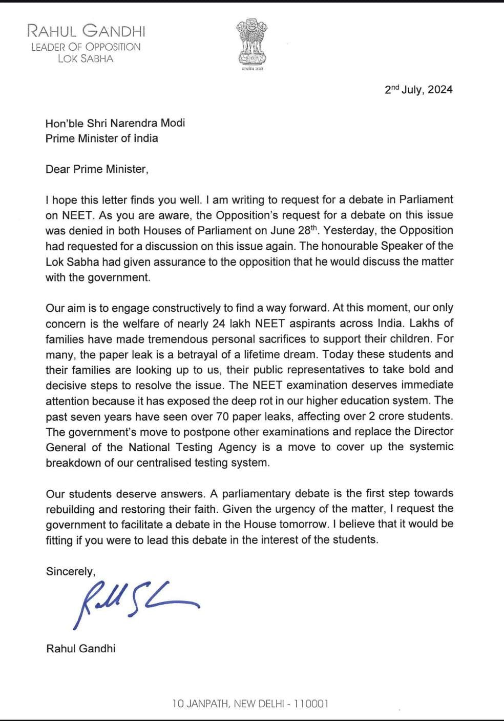 Rahul Gandhi's letter to PM Modi